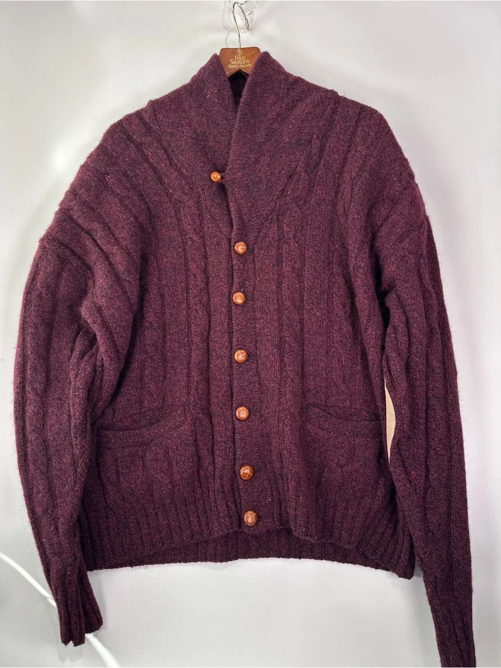 Eddie Bauer Vintage Shawl Collar Cable Knit Wool Cardigan Burgundy XL